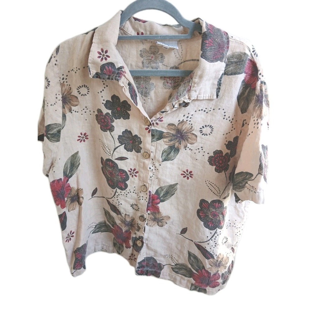 Hot Cotton Marc Ware 1X 100% Linen Button Shirt Top Floral Lagenlook USA